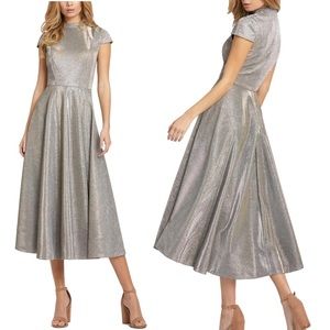 NWOT Mac Duggal Metallic Cap Sleeve Tea Length Silver High Neck Dress size 6